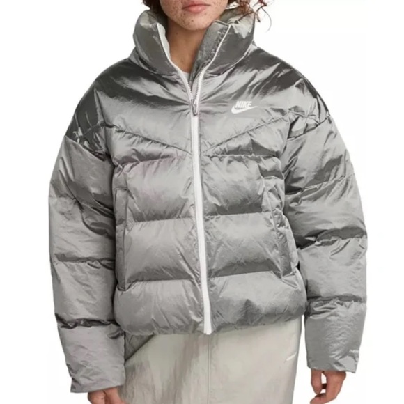 Nike Therma-FIT City series shine puffer jacket boxy silver gray Large NEW NWT - Picture 1 of 12